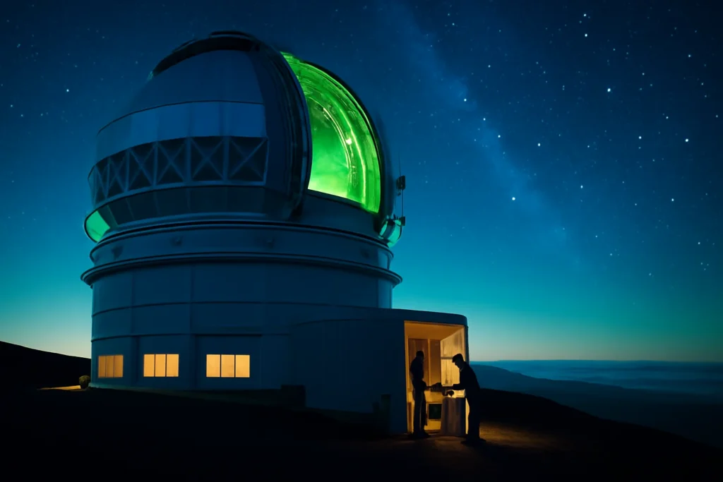 Imagem do telescópio Gemini North ao entardecer sob céu estrelado, destacando o cometa interestelar 3I/ATLAS com coloração verde