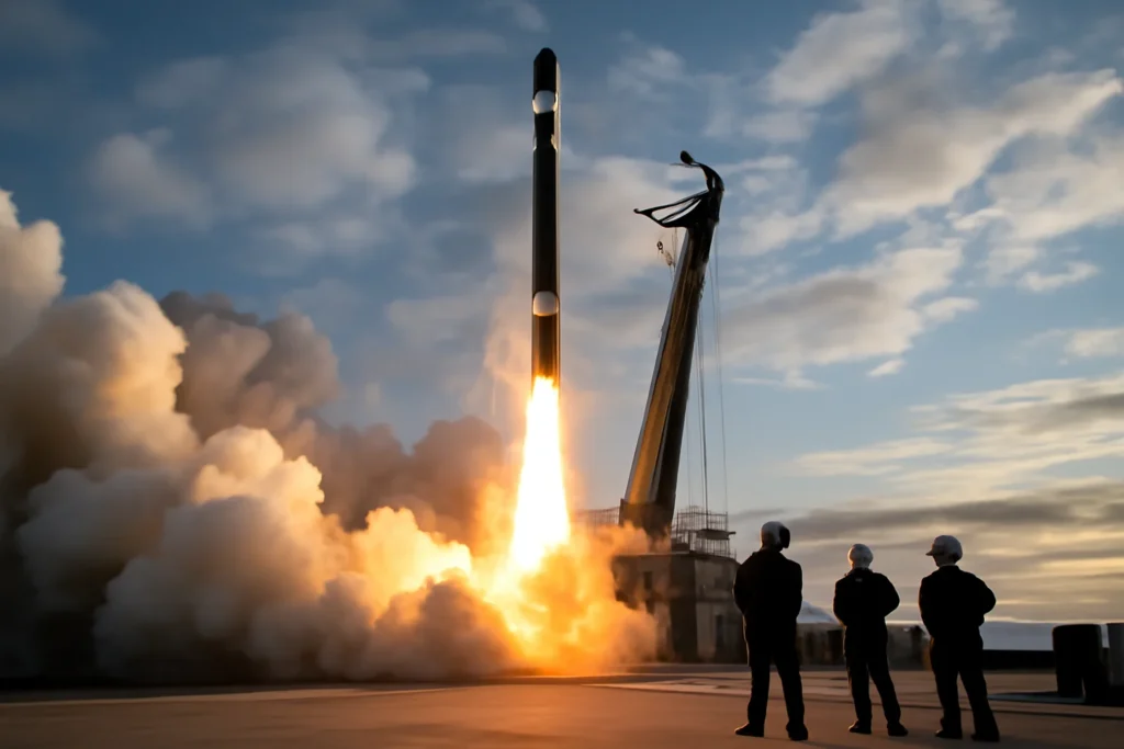 Lançamento do foguete Electron pela Rocket Lab na plataforma de lançamento, com fumaça, fogo e equipe observando. Rocket Lab prepara mais um voo do Electron.