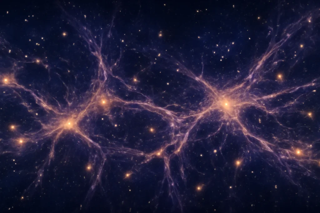 Imagem panorâmica do céu noturno destacando flutuações quânticas, matéria escura e galáxias em expansão