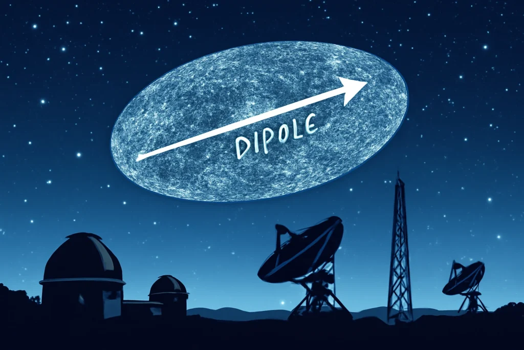 Cena do céu noturno com mapa do Universo assimétrico?, estrelas e antenas, destacando o dipolo cósmico