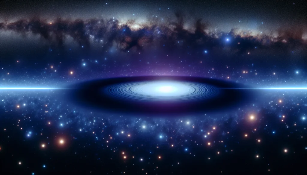 Cena cósmica noturna com galáxia e lente gravitacional, destacando como um buraco negro gigante se tornou uma ilusão cósmica.