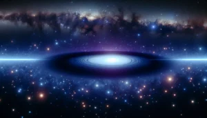Cena cósmica noturna com galáxia e lente gravitacional, destacando como um buraco negro gigante se tornou uma ilusão cósmica.