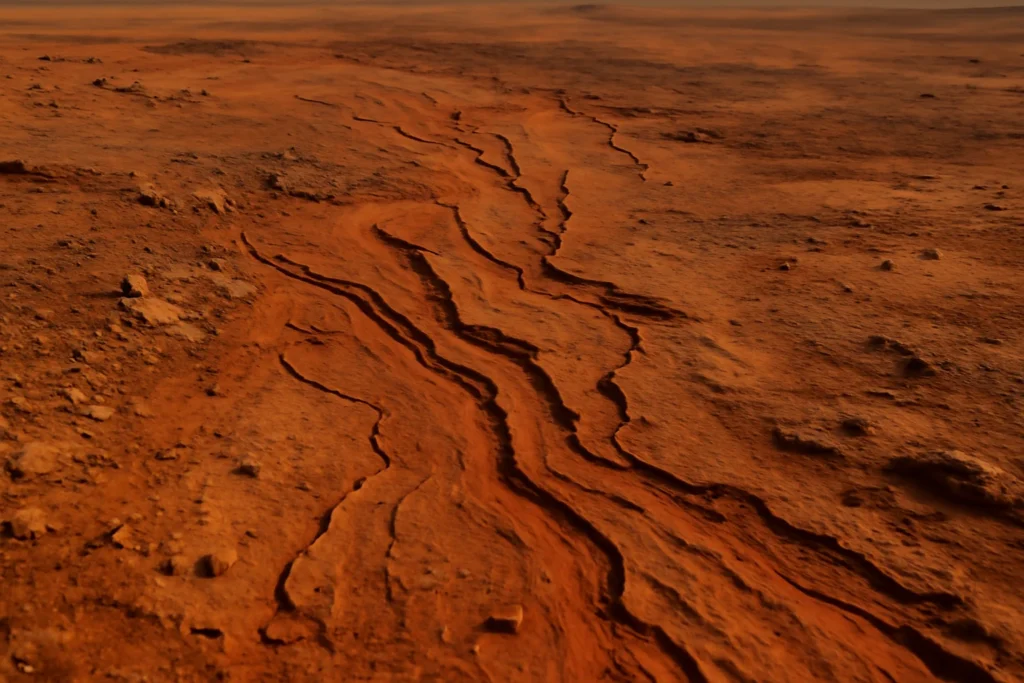 Imagem de Marte com antigos canais fluviais, destaque para redes de rios e terreno marciano avermelhado