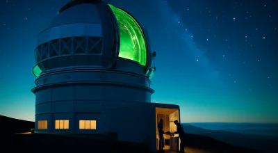 Imagem do telescópio Gemini North ao entardecer sob céu estrelado, destacando o cometa interestelar 3I/ATLAS com coloração verde