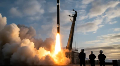 Lançamento do foguete Electron pela Rocket Lab na plataforma de lançamento, com fumaça, fogo e equipe observando. Rocket Lab prepara mais um voo do Electron.