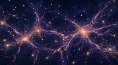 Imagem panorâmica do céu noturno destacando flutuações quânticas, matéria escura e galáxias em expansão