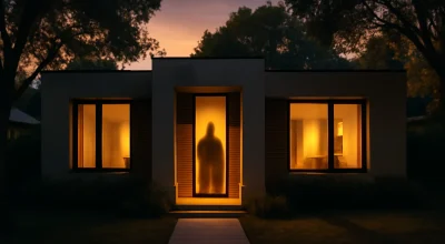 Imagem da fachada de uma casa moderna ao entardecer, com luzes internas acesas e sombra de uma figura ausente na porta, ilustrando james ransone 46 ator.