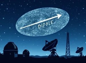 Cena do céu noturno com mapa do Universo assimétrico?, estrelas e antenas, destacando o dipolo cósmico