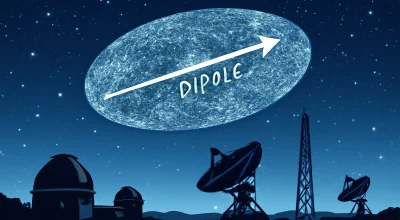 Cena do céu noturno com mapa do Universo assimétrico?, estrelas e antenas, destacando o dipolo cósmico