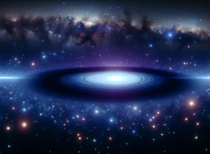 Cena cósmica noturna com galáxia e lente gravitacional, destacando como um buraco negro gigante se tornou uma ilusão cósmica.
