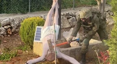 É #FAKE: foto criada por IA mostra soldado israelense ‘substituindo’ estátua de Jesus no Líbano, diz ferramenta do Google