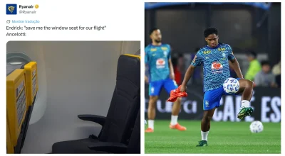 Ryanair publica meme com Endrick e Ancelotti e entra na onda de brincadeiras sobre a Seleção na Copa